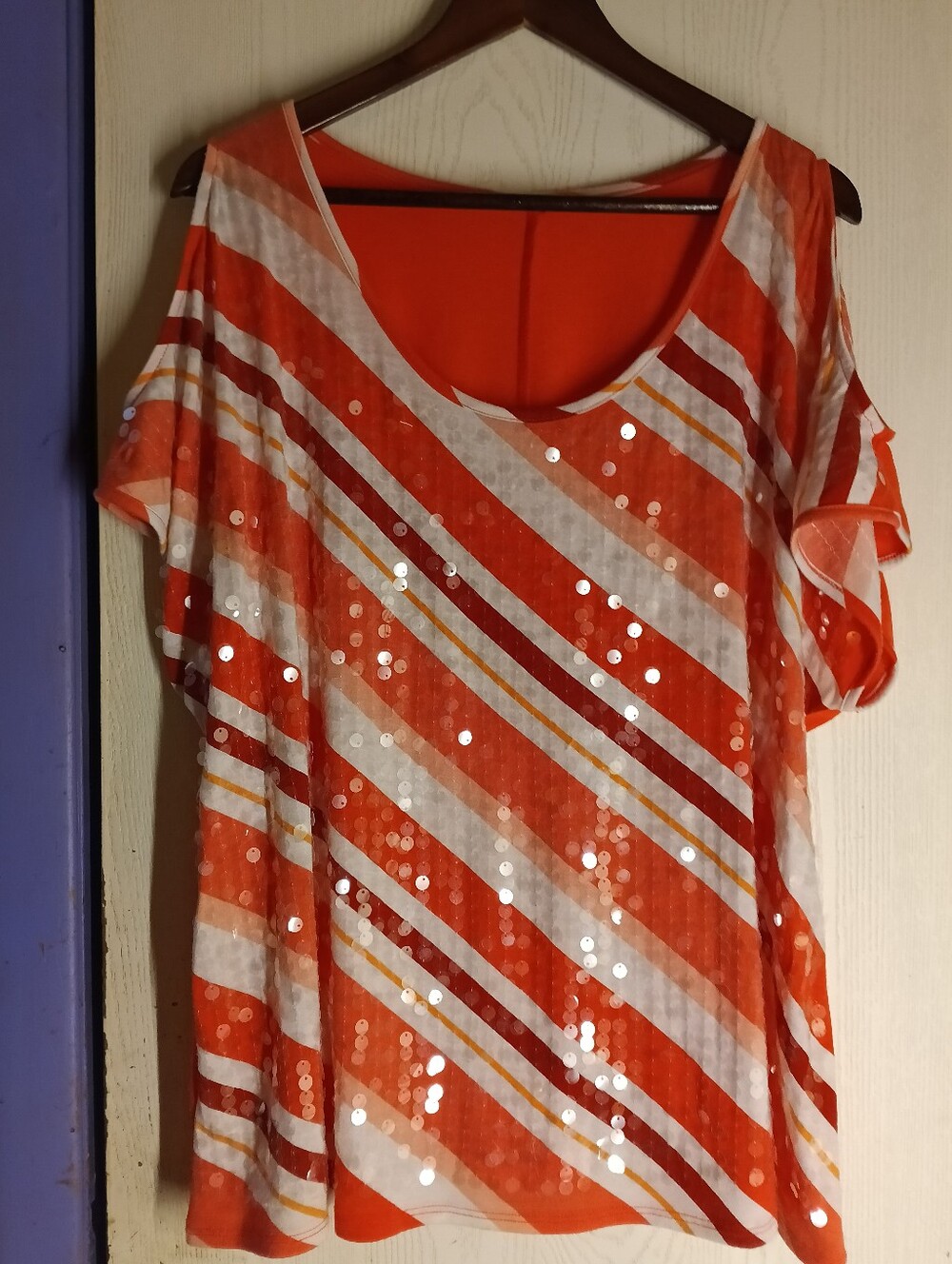Orange Sequin Cold Shoulder Top